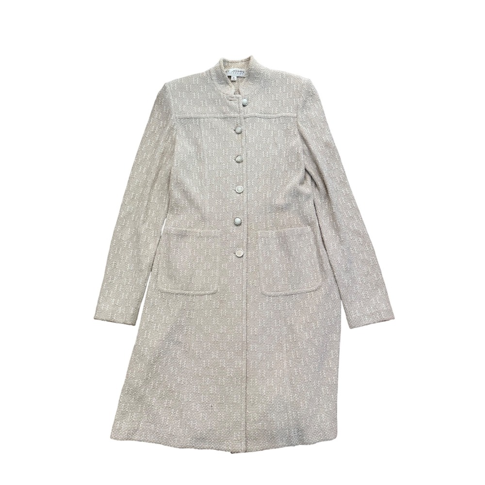St.‎ John Collection Cream Textured Knit Long Jacket Coat Size 6 Button Front